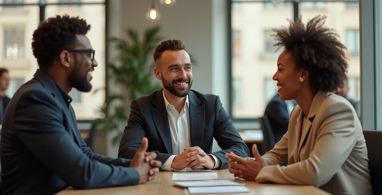 Groupe de collaborateurs échangeant dans un espace de travail moderne