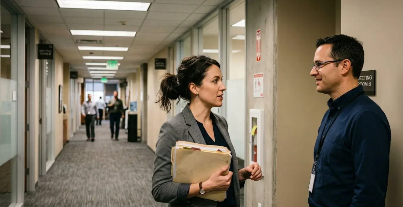 Deux personnes discutant dans un couloir d'entreprise, l'une tenant un dossier, conversation visible de profil sous un éclairage artificiel