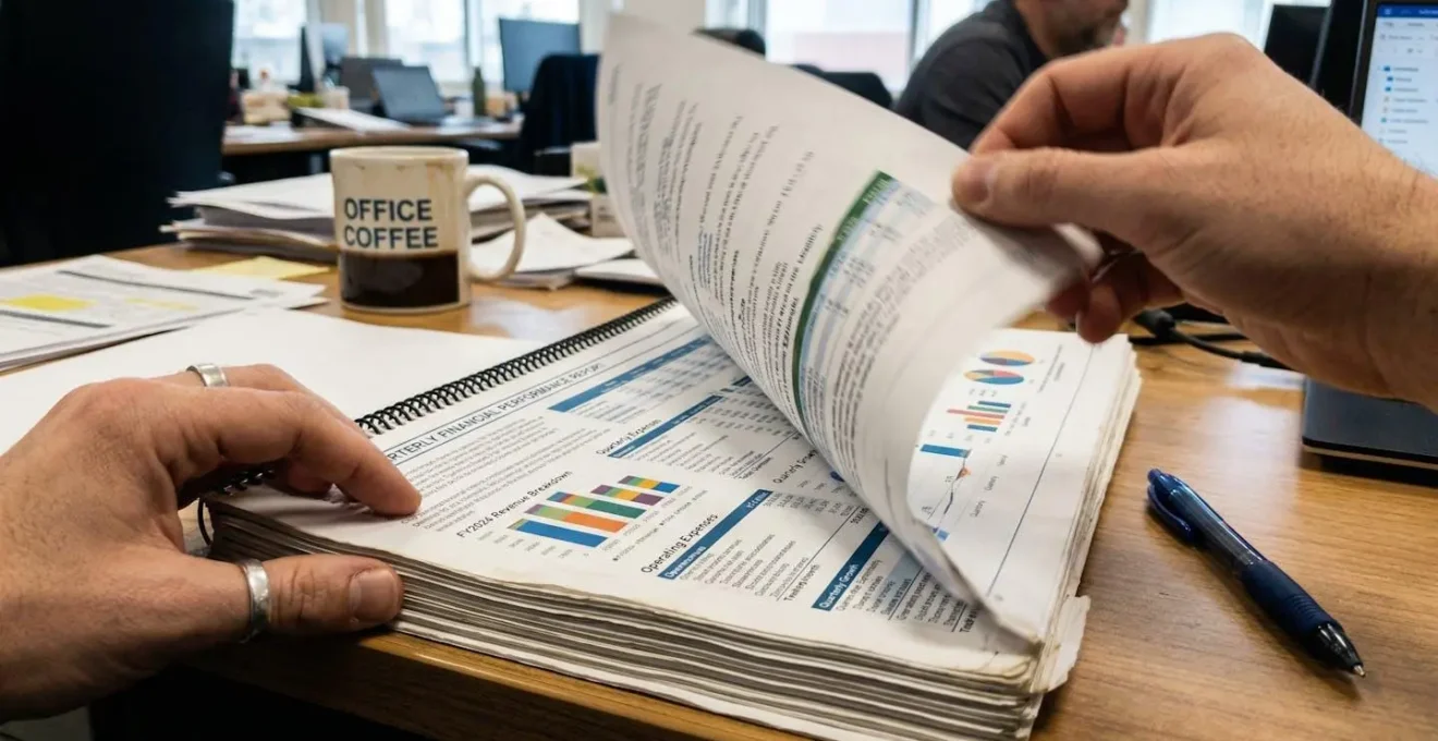 Mains feuilletant un épais dossier avec des graphiques et tableaux financiers, un stylo posé à côté, café refroidi visible en arrière-plan