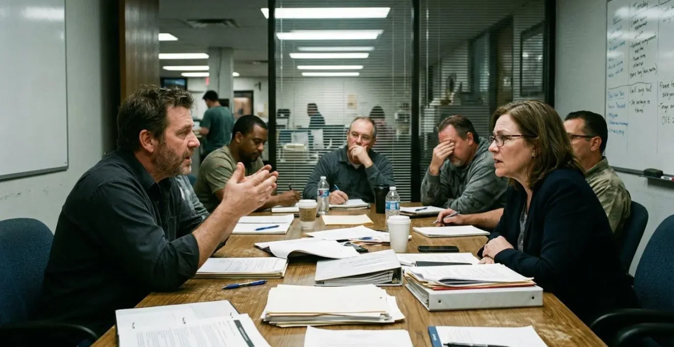 Élus du personnel assis autour d'une table de réunion avec des dossiers éparpillés, visages de profil concentrés sous un éclairage néon