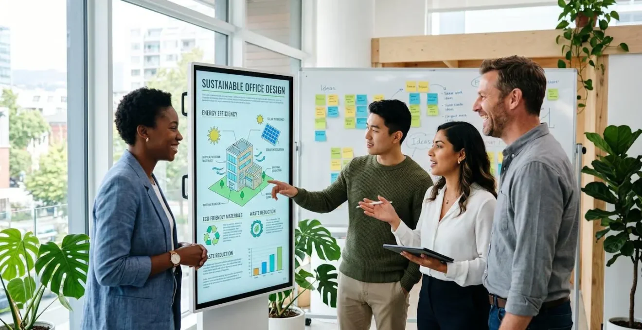 Équipe de collaborateurs de profils variés travaillant ensemble sur un projet d'innovation durable dans un open space lumineux