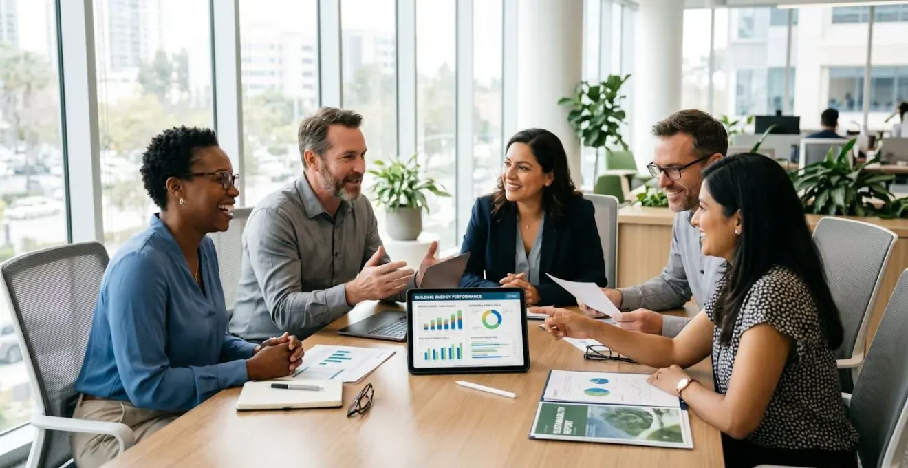 Équipe de direction d'une PME réunie autour d'une table pour élaborer leur stratégie de transition environnementale