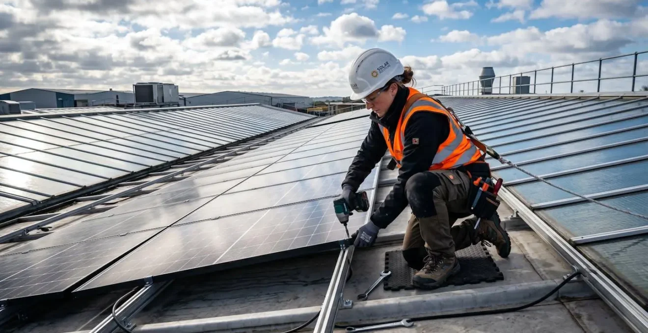 Technicien en tenue de sécurité installant des panneaux photovoltaïques sur le toit d'un bâtiment industriel sous un ciel dégagé