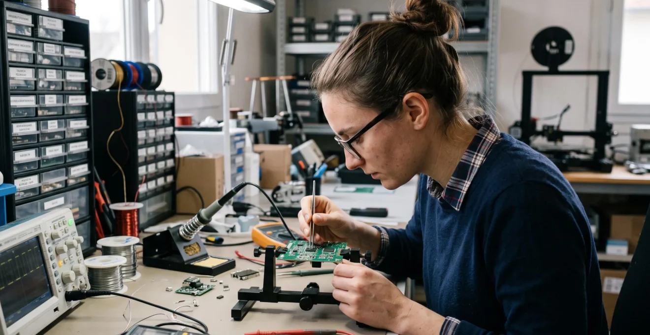 Ingénieur travaillant sur le prototypage de composants électroniques dans un atelier de TPE technologique.
